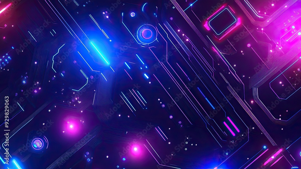 Aufkleber abstract high-tech background featuring circuit patterns, neon lights, and floating digital elements