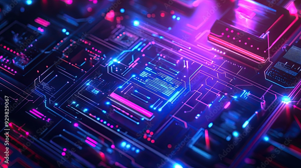 Aufkleber abstract high-tech background featuring circuit patterns, neon lights, and floating digital elements