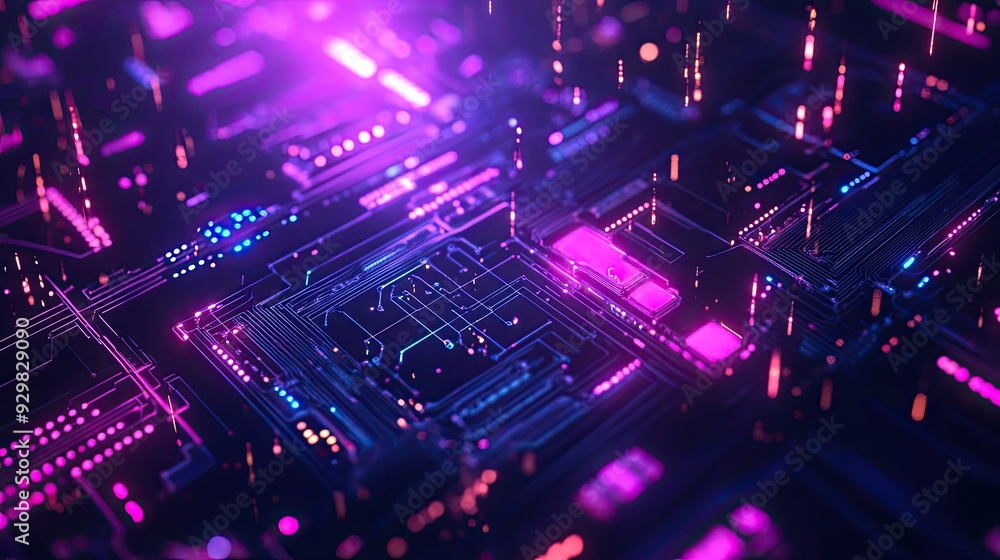 Aufkleber abstract high-tech background featuring circuit patterns, neon lights, and floating digital elements