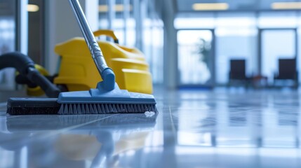 Fototapeta premium mop wipe cleaning floor blur office background