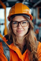 A woman in a bright orange industrial work uniform looks confidently at the camera. She is wearing safety glasses and a hard hat