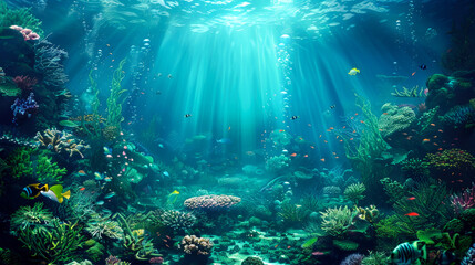 Fototapeta premium Underwater Scene with Sunbeams, Colorful Fish, and Lush Coral Reef