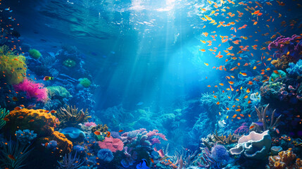 Naklejka premium Vibrant Coral Reef with Sunbeams and a School of Fish