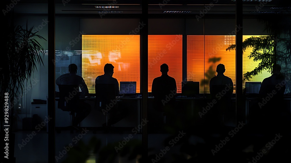 Poster silhouettes of four people working at their computers in an office with a large window behind them.