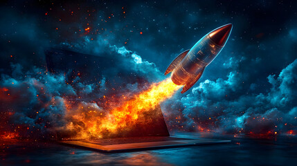 A rocket launching from a laptop, symbolizing innovation and technology.