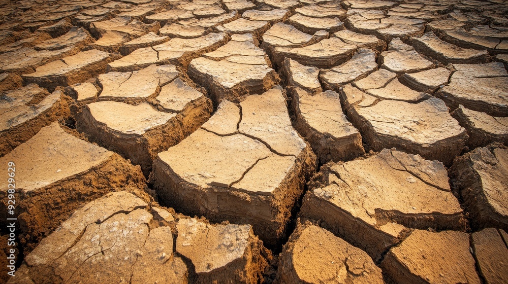 Poster close-up of a dry, empty canal with significant soil cracks, presenting a blank canvas for overlayin