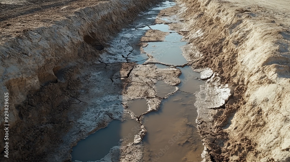 Poster close-up of a dry, empty canal with significant soil cracks, presenting a blank canvas for overlayin