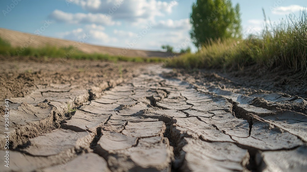 Poster close-up of a dry, empty canal with significant soil cracks, presenting a blank canvas for overlayin