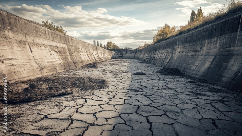 Poster close-up of a dry, empty canal with significant soil cracks, presenting a blank canvas for overlayin