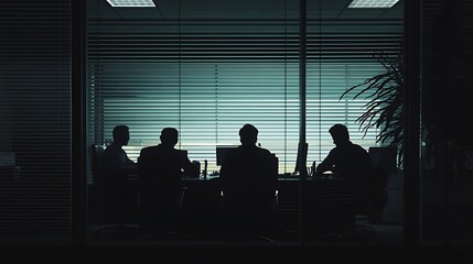 Silhouettes of four people working late at night in an office seen through a window with blinds.