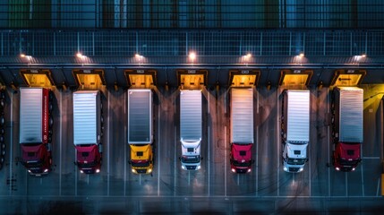 Fototapeta premium photograph of row of trucks parked in front of warehouse factory building. AI generated 