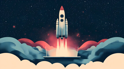 Obraz premium A rocket launching into space amidst clouds and stars.