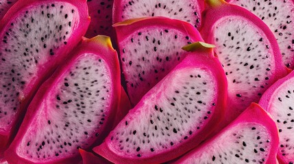 Close-up of a sliced dragon fruit, showcasing its vibrant pink exterior and speckled white flesh, perfect for colorful food photography