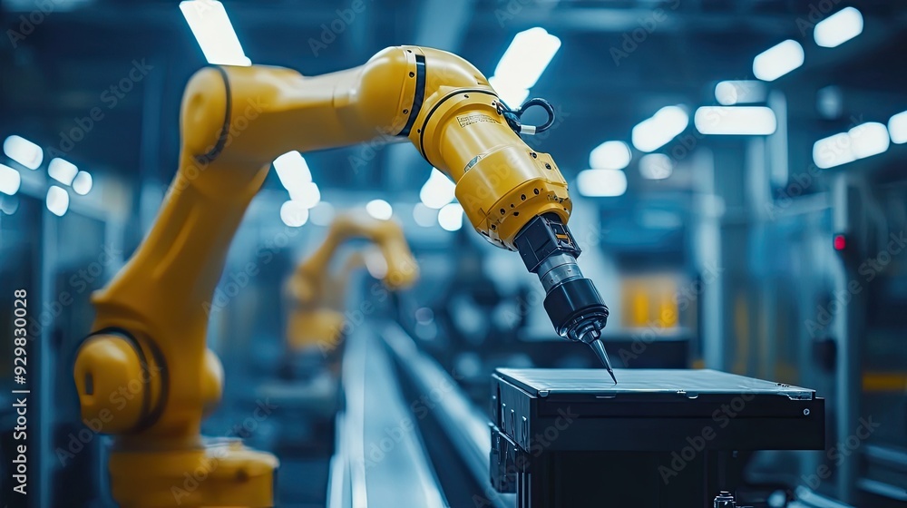 Poster close-up of an industrial robot arm smoothly operating on a production line, showcasing precision an