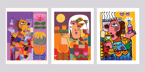 Abstract face portrait line art, doodle, geometric, decorative hand drawn vector illustration. Aesthetic design for wall art, cards, poster, cover and art print.