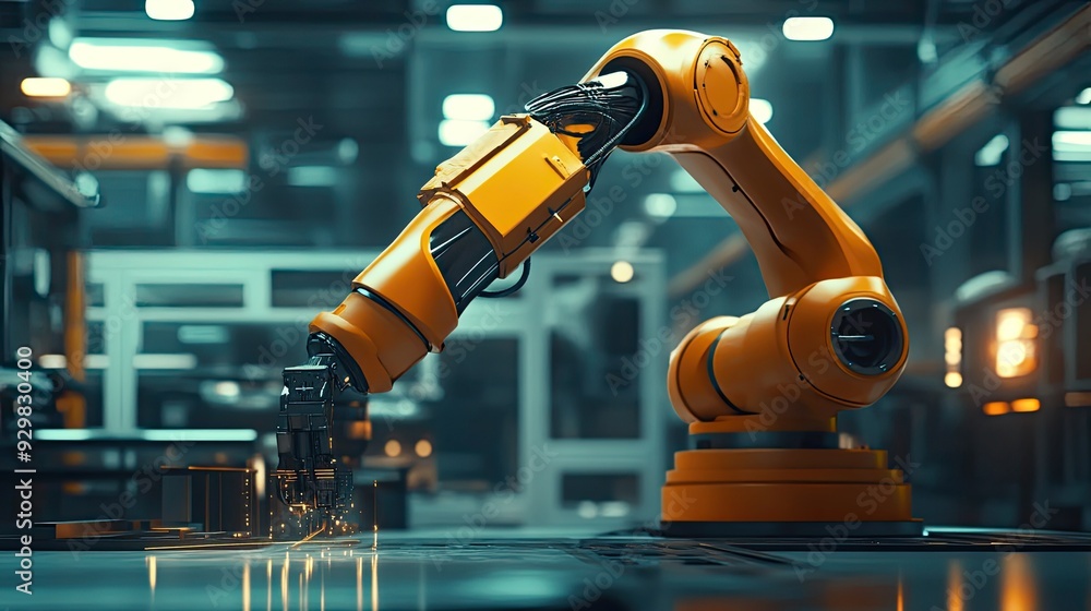 Poster dynamic shot of an industrial robot arm in motion, handling materials with precision in a high-tech 