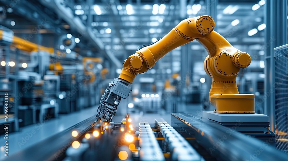 Poster dynamic shot of an industrial robot arm in motion, handling materials with precision in a high-tech 