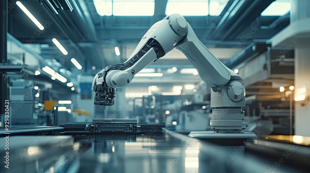 Poster dynamic shot of an industrial robot arm in motion, handling materials with precision in a high-tech 