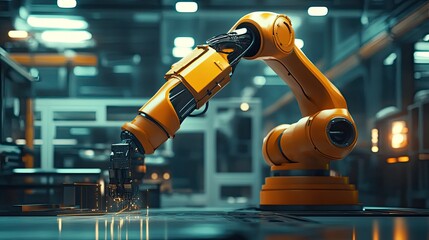 Dynamic shot of an industrial robot arm in motion, handling materials with precision in a high-tech manufacturing environment