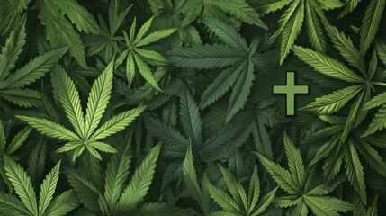 aerial view of green cannabis leaves background with christian cross in soft tones creating peaceful spiritual ambiance ideal for conveying serenity and harmony between nature and faith
