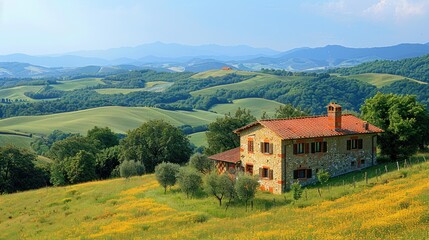 Naklejka premium A serene countryside retreat nestled among rolling hills and vibrant wildflowers in Tuscany during a sunny afternoon. Generative AI