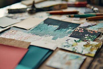 Naklejka premium A close-up of a mood board with an assortment of design materials such as fabric samples, photos, and color swatches