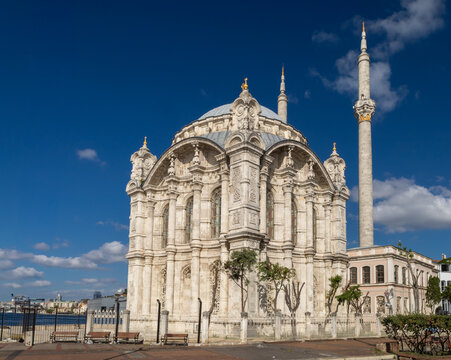 An exterior view of the Ortak&ouml;y Mosque, officially known as the Grand Mecidiye Mosque, Istanbul, Turkey, located next to the Ortak&ouml;y pier square, one of the most popular places on the Bosphorus.