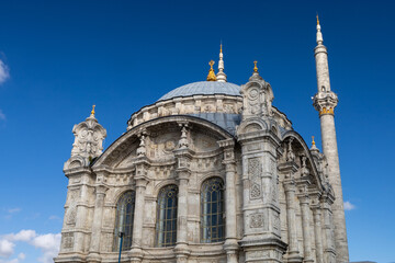 An exterior view of the Ortaköy Mosque, officially known as the Grand Mecidiye Mosque, Istanbul, Turkey, located next to the Ortaköy pier square, one of the most popular places on the Bosphorus.