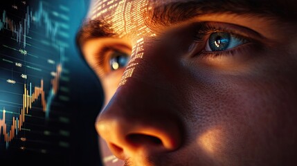 Overlay of financial charts and graphs on a businessman's contemplative face, illustrating the process of critical business thinking