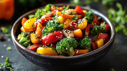 A vibrant stir-fry featuring a variety of colorful vegetables, including peppers and broccoli, ideal for showcasing healthy eating.