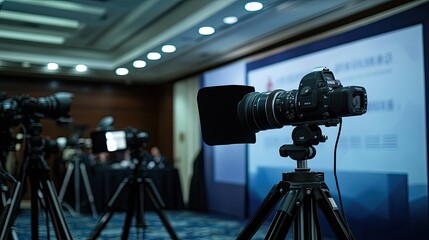 Press conference podium featuring a prominent banner, surrounded by microphones and cameras, awaiting a speaker's address