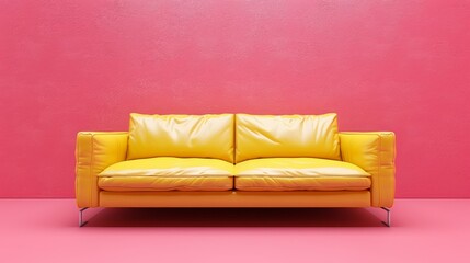 Obraz premium A mint yellow leather sofa sits in front of a pastel red wall. The sofa has a simple, modern design with sleek lines and a shiny finish