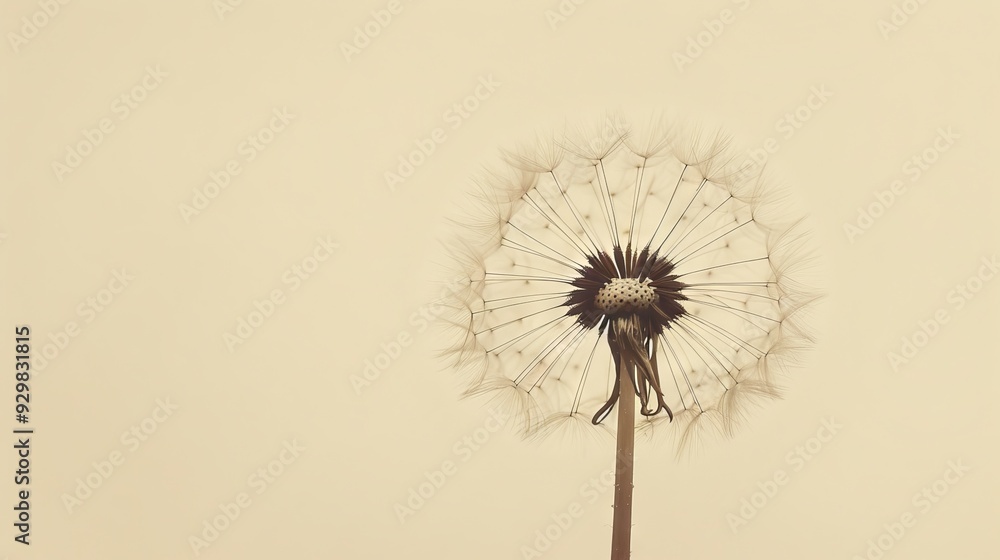 Poster a close-up view of a dandelion seed head, showcasing its intricate structure and fine details set ag