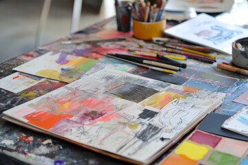 A creative workspace with a mood board in progress, including hand-drawn sketches, magazine clippings, and paint swatches