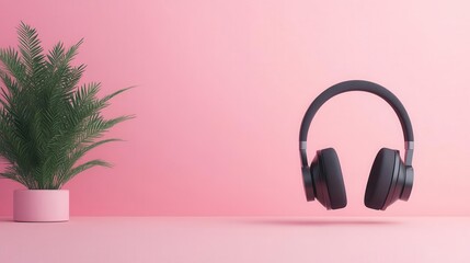 Workspace with headset and microphone, hybrid work communication, 3D illustration