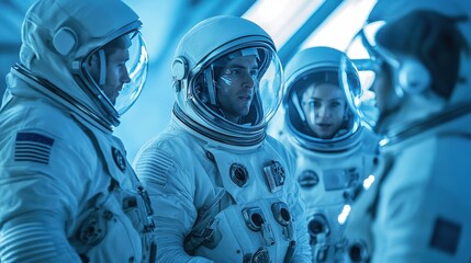 A group of astronauts preparing for a space mission, suiting up in their high-tech gear