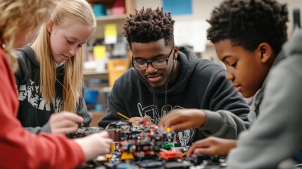 A group of students building a robotic project in a STEM classroom, learning about engineering, programming,