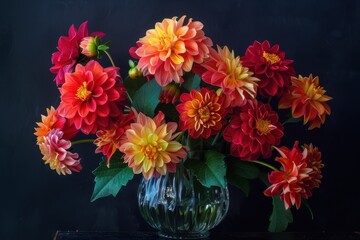 Fototapeta premium A beautiful arrangement of dahlias in a glass vase, with flowers in shades of red, orange, and yellow.