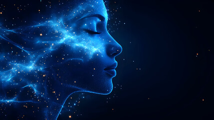 Obraz premium A serene profile of a woman surrounded by cosmic elements.