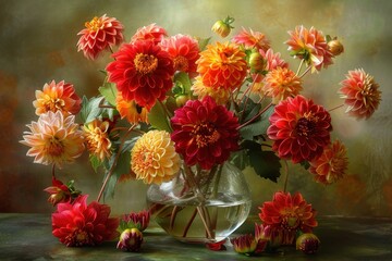 Obraz premium A beautiful arrangement of dahlias in a glass vase, with flowers in shades of red, orange, and yellow.