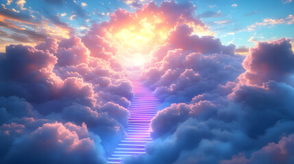 A serene pathway through clouds leading to a radiant sunset.