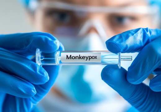 medical professional holding up a test tube labeled "Monkeypox" with a microscope visible in the blurred background