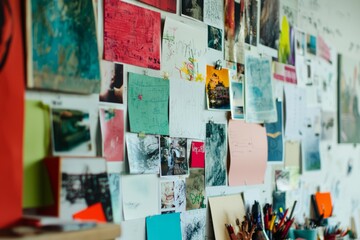 A mood board creation scene with a wall filled with photos, typography samples, and design inspirations