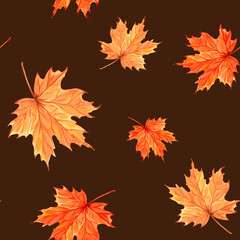 Fototapeta premium Autumn maple leaves seamless pattern. Fall foliage botanical background for pattern fills. Hand drawn watercolor illustration. Thanksgiving background. Template for wallpaper, website, card, fabric.