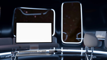 A computer mockup on a desk in a room with a dark futuristic spaceship theme design. © bongkarn
