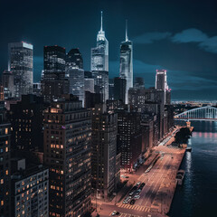 An aerial view of a bustling city at night, showcasing the illuminated buildings.