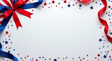 Obraz premium Presidents Day banner with American flags, confetti, grosgrain ribbon, festive theme, perfect for promotional materials, offers ample copy space, appeals to patriotism.