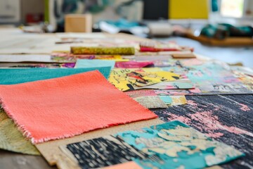 A mood board filled with vibrant fabric swatches, inspirational images, and design ideas pinned up on a large board