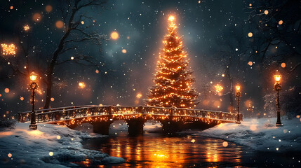 Naklejka premium A serene winter scene featuring a decorated Christmas tree by a bridge.
