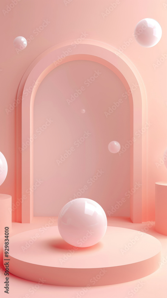 Aufkleber Elegant spheres and soft shapes float in a calming light pink space featuring arches and circular platforms